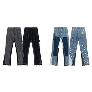 Jeans masculinos de grife high street vintage respingado tinta estiramento reto jeans hip hop emendado lavado jeans queimado
