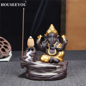 Burners Ganesha Backflow Incense Burner Elephant God Emblem Auspicious and Success Ceramic Cone Censer Home Decor