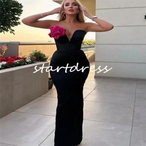 Chic Black Mermaid Prom Dresses With Handmade Flowers Elegant Floor Length Satin Evening Dress 2024 Simple Formal Ceremony Dinner Party Gowns Vestiso De Fiesta