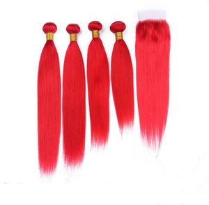 Proste indyjskie dziewicze włosy ludzkie Czerwone wiązki oferują 4PCS z końcami koronki 4x4 5pcs Lot Red Kolor Weaves z częścią Closu8527305