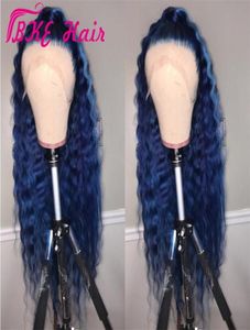 Vendendo 360 rendas frontal longa onda de água peruca azul escuro cor peruca dianteira do laço sintético com pré-plcuked perucas de cabelo do bebê para mulheres8226773