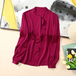 2024 Spring Summer Pure Color Red Ruffle-knappar Blus Skjorta Multicolor Lång ärm Runda hals Single-Breasted Soie Top Shirts W4M1322