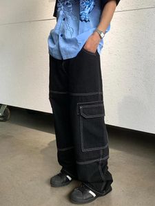 Męskie dżinsy 2024 Czarna wieloma kieszeni luźna szeroka noga Y2K Casual Fashion Cargo Pants Side Large Street Wear