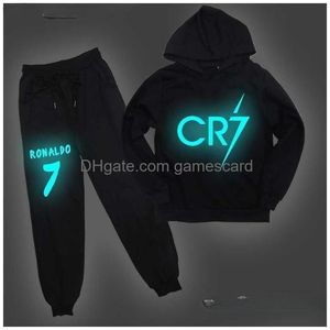 Set di abbigliamento Cr7 Ronaldo Bambini Felpe con cappuccio Pantaloni 2 pezzi / set Tuta per bambini Un casual Felpa con cappuccio luminosa e Harem per 2-14 anni 201 Dhhoz