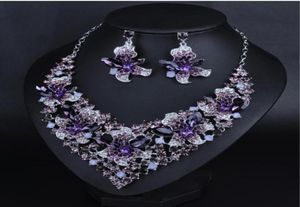 Shinning Purple Pink Blue Crystals Jewelry 2 Pieces Set Halsbandörhängen Brudsmycken Brudtillbehör Bröllopsmycken T30142971003