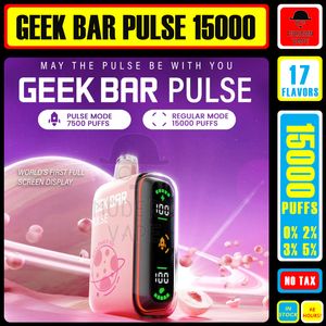Geek Bar Pulse 15000 Puff Original Disposable Vape Pen 5% Nivå 16 ml Förfylld 650mAh Uppladdningsbart batteri 17 Flavors 15K Puffs Vapes Kit