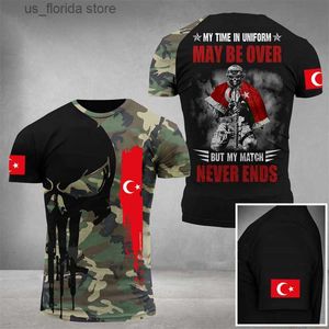 Homens camisetas Exército Turco Veterano Crânio Camiseta Homens 3D Turquia Bandeira Camuflagem Impressão T-shirt Militar Camo Tops Soldados Tático Curto Slve Y240321