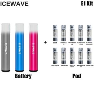 Одноразовый комплект ICEWAVE E1 с полупрозрачными сигаретными палочками. Видимые прозрачные масляные баки. Сетчатая катушка. Прозрачный и инновационный дизайн. Оригинальная сигарета VAPE E.