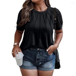 Damen Blusen Frauen Sommer Plissee Tops O-Ausschnitt Raglan Kurzarm T-Shirt Mesh Spitze Nähte Slim Fit Streetwear