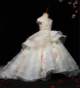 Sukienki dla dziewczynki puszysty tiul koronkowy suknia balowa kwiat długi pociąg księżniczka sukienka weselna Pierwsza komunia