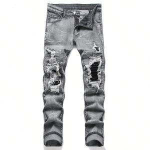 Men's Stretchy Denim Jeans Streetwear Tearing Patchwork Holes Ripped Denim Elastic Waist Casual Pants Slim fit Straight Trousers 240311