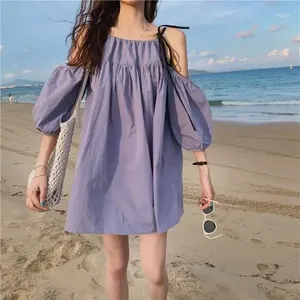 Vestidos casuais verão estilo coreano vestido roxo mulheres fora do ombro dungaree mulher vestido de mujer femme robe