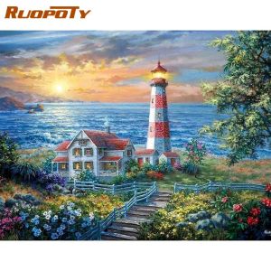 Number RUOPOTY 40x50cm Frame Painting By Numbers Kits For Adults Children And Lighthouse Island Landscape Picture Handmade Paint