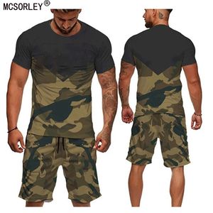 Mens Casual 2 stücke Set Camouflage Armee Grün Kurzarm T-shirt masculina Lose Taktische T-shirts Shorts Hosen Trainingsanzug Set S-6XL 240306