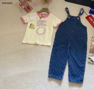 Luxury kids T-shirt suits baby tracksuits Size 100-140 CM summer two-piece set girls t shirt and Denim suspender pants 24Mar