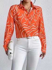 여자 블라우스 패션 셔츠 오렌지 라인 프린트 셔츠 2024 봄 여름 큰 크기 여성 의류 블라우스 탑
