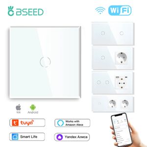 BSEED Wifi Touch Swithces Wall Light Switch With EU Socket USB TypeC Plugs Tuya Smart Life Alexa Yandex App Control Glass Panel 240228