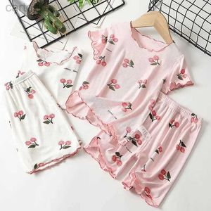 T-shirts Korean Kids Summer New Pajamas Set Cute Cherry T-shirt Baby Girl Clothes Short Sleeves Tops Shorts 2PCS Toddler Home Loungewear ldd240314