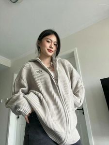 Kvinnors stickor American Vintage Sweater Cardigan Women Y2k Harajuku Oversize Long Sleeve dragkedja tröjor Brev broderi stickade