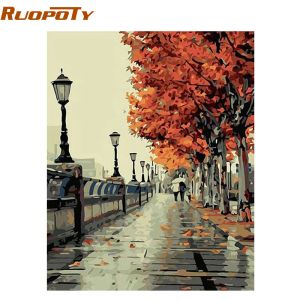 Número RUOPOTY Frame Autumn Street Landscape Diy Pintura por NUMEBRS Kit Pintura a óleo pintada à mão Presente exclusivo para sala de estar 40x50cm