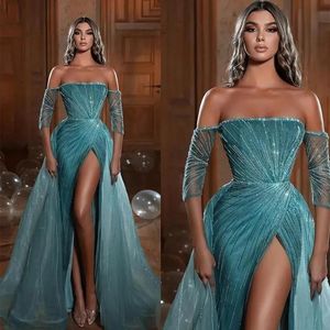 Graceful Off Shoulder Prom Dresses Strapless Sequins Half Sleeves Party Dresses Split with Overskirts Custom Made Evening Dress