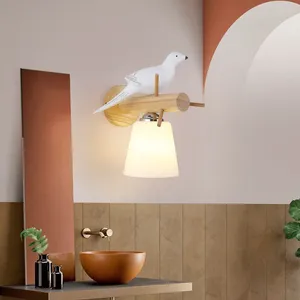 Wall Lamps American Modern White Resin Auspicious Bird Wooden Lamp For Living Room Study Bedroom Bedside Decorative Night Light