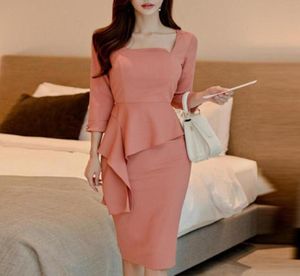 2020 Bahar Yaz Elbise Takım Kadınlar Zarif Vintage Ofis Lady Bodycon İnce İş İşi Formal Giyim Sahte İki Parça Kıyafet Setleri