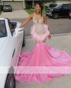 Diamonds Pink Prom Dress For Black Girls Glitter Bead Crystal Rhinestones Feathers Evening Birthday Party Gown