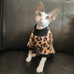 Kläder sphynx kattkläder leopard tryck turtleneck tröja för husdjur vinter fleece coat för Devon rex långa ärmar tröja för katthund