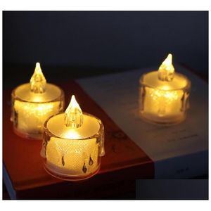 Decorazione per feste Luci da tè a goccia a led Decorazione per feste Candele votive senza fiamma Luce notturna a batteria Bianco caldo Giallo Flic Dhvsc