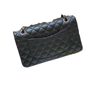 2024新しいスタイルの品質女性7Aジャンボダブルフラップバッグデザイナー25.5cm本物のレザーキャビアラムスキンクラシックオールブラック財布キルティングハンドバッグ肩付き箱