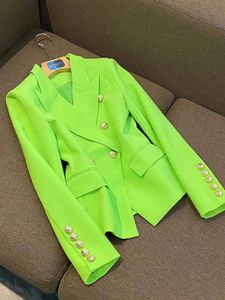 High street est designer jaqueta feminina clássico metal leão botões duplo breasted fino encaixe blazer neon verde 240306