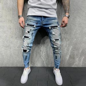 Fashion Design Hole Slim Jeans Mens Paint Ripped Stitching Skinny Denim Pants Casual Hollow Out Zipper Trousers 240313