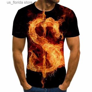 Homens camisetas Moda Mens T-shirt 3D Impressão Padrão de Chama Lazer Tops Verão Quick Dry Crew Pescoço Solto Curto Slve Respirável Pulôver Y240321