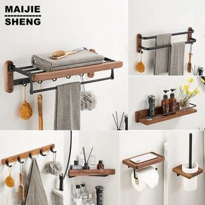 Walnut Wood Black Badrumsmaskinvara Set Handduk Rack Toalettpappershållare Handduk Bar Robe Hook Shelf Badrumstillbehör 240312