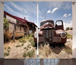 Vorhänge, Americana-Vorhänge, verlassenes Restaurant auf der Route 66, „Come on in Sign“, Wüstenstraße, rostiges altes Auto, Wohnzimmer, Schlafzimmer, Fenstervorhänge