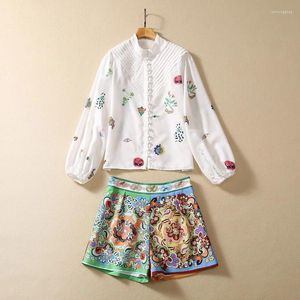 Women's Tracksuits European And American Clothing 2024 Autumn Long-sleeved Stand-up Collar Shirt Court Printed Shorts Fashion Suit