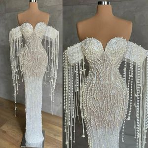 2024 African Prom Dresses for Black Women Promdress Off Shoulder Pearls Tassel Elegant Evening Dresses for Special Occasions Birthday Gowns Engagement Gown AM526