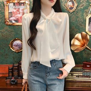 Blusas femininas laço topos feminino estilo coreano design roupas de manga longa elegante senhora do escritório bonito fita doce camisas básicas