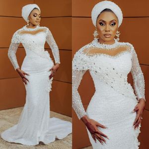 2024 Plus Size Aso Ebi sjöjungfru bröllopsklänningar Brudklänningar för brud High Neck Sequin Lace Pärlor Dekorerade bröllopsklänningar för afrikanska Nigeria Black Women Girl NW140