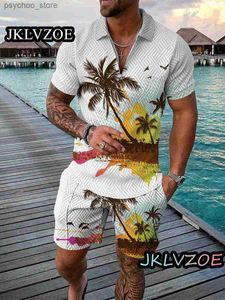 Fatos masculinos Mens Sports Shirt Polo Set Fashion Summer Beach Estilo Shorts Casual Set 2 peças 3D Impresso Camisa Social Luxo Mens Wear Q240314