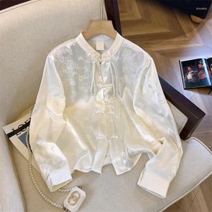 Women's Blouses Elegant Satin Shirts 2024 Spring Summer Chinese Style Print Loose Clothing Y2K Fashion Silk Vintage Tops