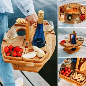 Arredamento Tavolo da picnic portatile staccabile Piatto di frutta per vino integrato in legno Accessori da campeggio all'aperto per stoviglie per il tempo libero 1pz