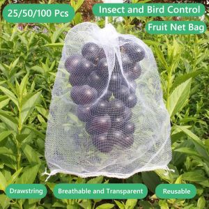 Väskor 25/50/100 datorer Frukt Skydda Net Väska Garden Plant Anti Insect Fly Bird Squirrel Agricultural Orchard Pest Control DrawString