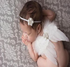 Baby Angel Wing Pearl Diamante Flower Thin Elastic pannband Set Nyfödd Pretty Angel Fairy White Feathers Wing Costume PO Pro1707436