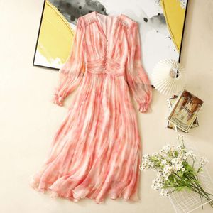 2024 Spring Summer Pure Color Beaded Buttons Silk Dress Pink Long Sleeve V-Neck Single-Breasted Casual Dresses W4M1317