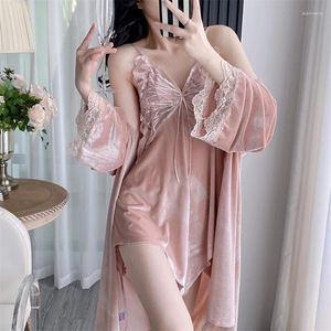 Женская одежда для сна, осенне-зимняя женская ночная рубашка, сексуальное лоскутное кружевное домашнее платье, одежда для дома, розовый бархатный свадебный халат, комплект ночной рубашки