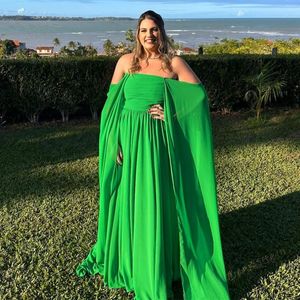 Elegant Long Green Chiffon Prom Dresses A-Line Boat Neck Pleated Floor Length Vestidos de noche Evening Dresses for Women