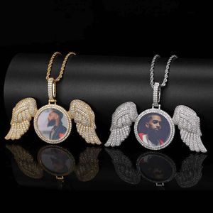 Large Wings Round Photo Pendant with Zirconia Personalized Memory Frame Angel Necklace