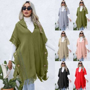 Women's Casual Loose Fitting V Tie Hat Pullover Medium Length Sweater Vest Cape Top Coat